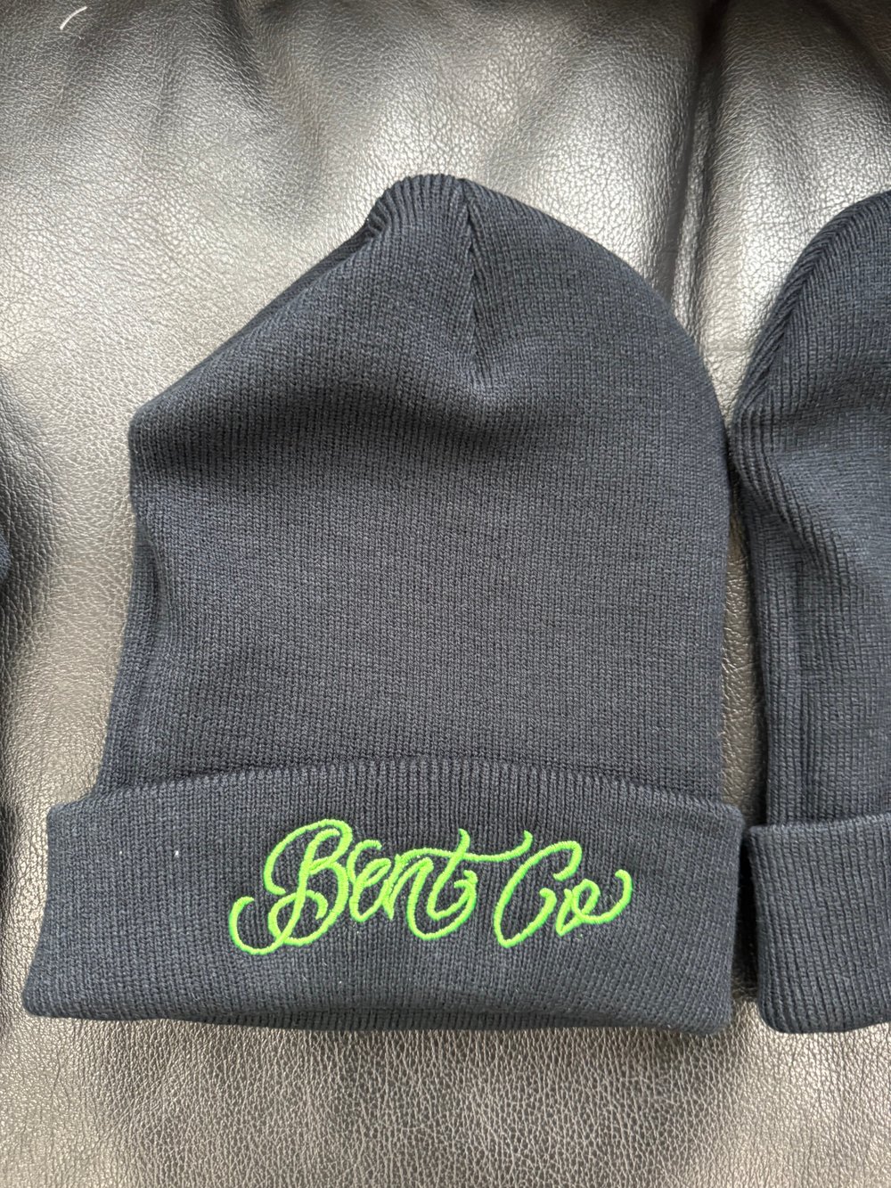 Bent co script beanie black with lime green