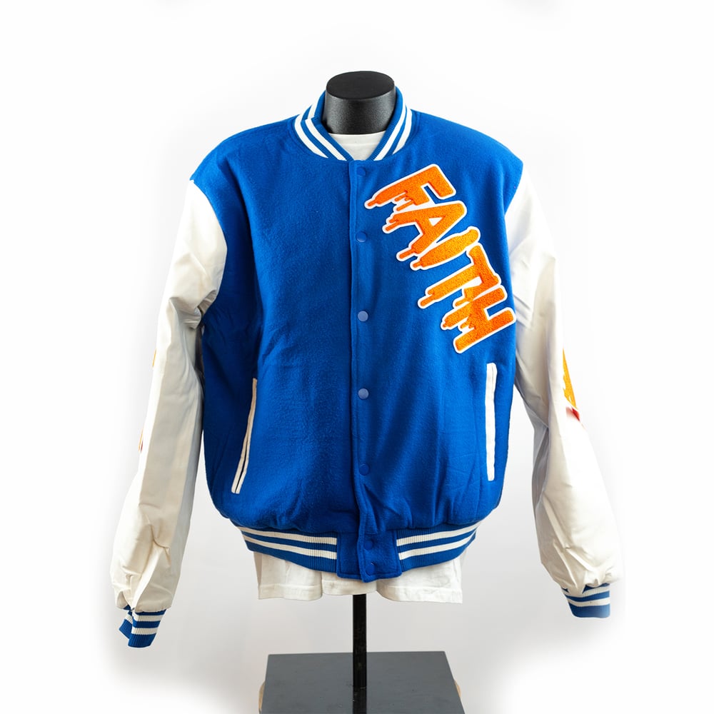 Image of Faith Letterman Blue n' Orange w/ white sleeves