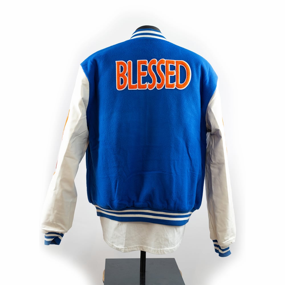 Image of Faith Letterman Blue n' Orange w/ white sleeves