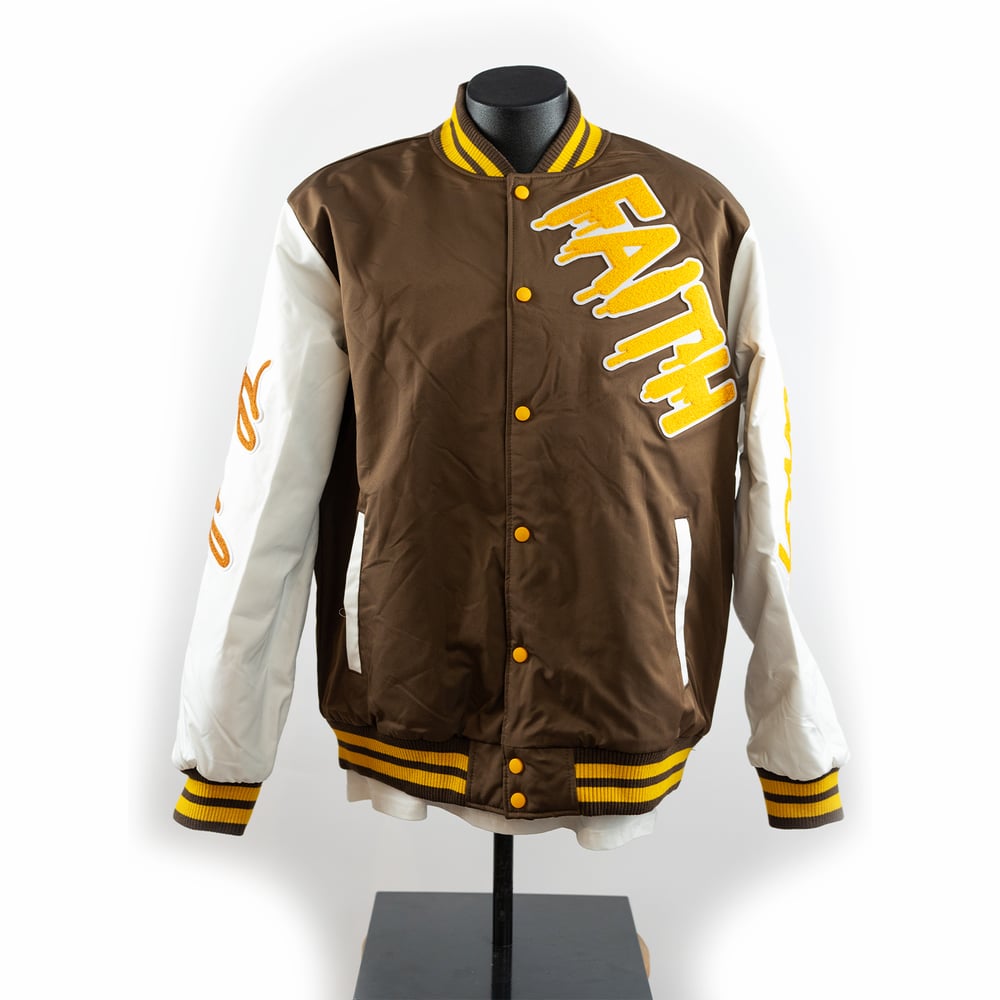 Image of Faith Letterman Brown n' Yellow w/ white sleeves