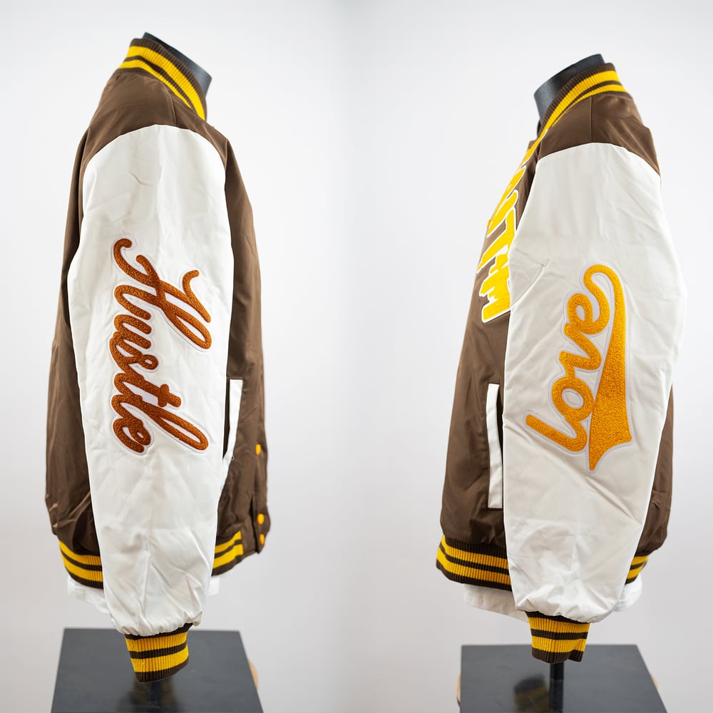 Image of Faith Letterman Brown n' Yellow w/ white sleeves