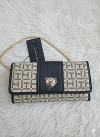 Image 2 of Upcycled Tommy Hilfiger Trifold Wallet To Crossbody Bag With Gold Tone Chain Strap