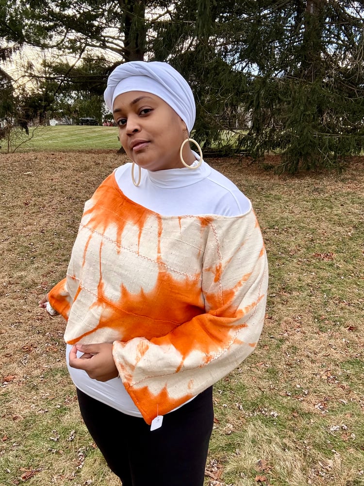 Image of Orange Mudcloth off-the-shoulder Crop Top