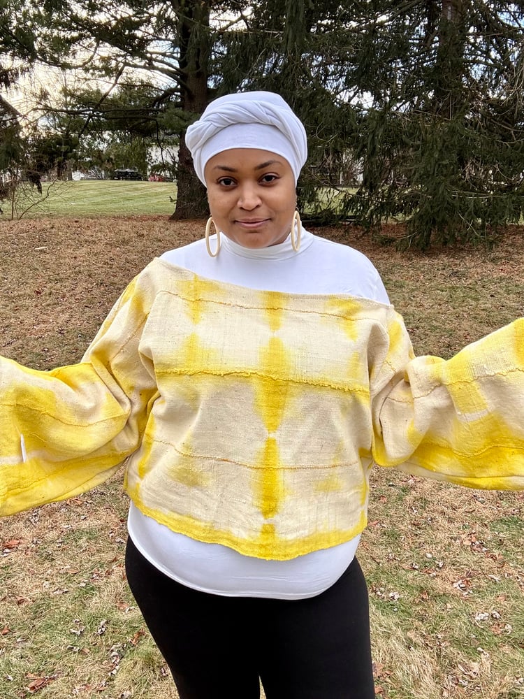 Image of Yellow Mudcloth off-the-shoulder Crop Top
