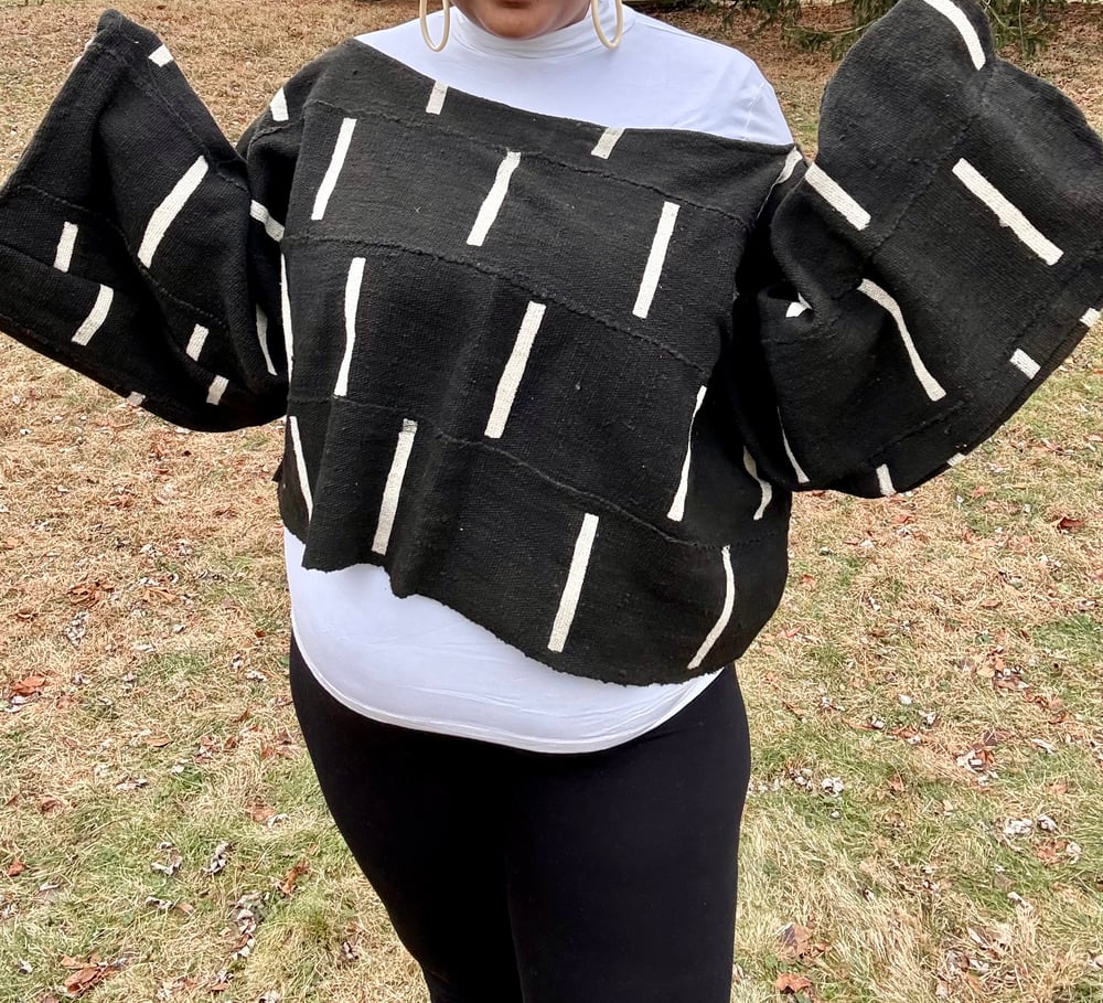 Image of Black Mudcloth off-the-shoulder Crop Top