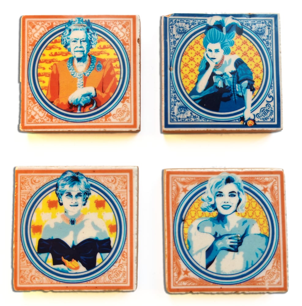 NEW ! PACK — x4 mini-azulejos (Elizabeth II, Marie-Antoinette, Diana, Marilyn)
