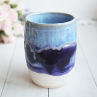 Image 4 of Handcrafted Pottery Mug in Dripping Blue and Purple Glazes, Large 17 oz. Made in USA