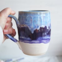 Image 8 of Handcrafted Pottery Mug in Dripping Blue and Purple Glazes, Large 17 oz. Made in USA