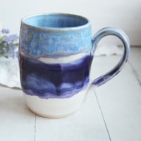 Image 6 of Handcrafted Pottery Mug in Dripping Blue and Purple Glazes, Large 17 oz. Made in USA