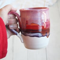 Image 9 of Handcrafted Pottery Mug in Dripping Pink, Red and Purple Glazes, Large 17 oz. Made in USA
