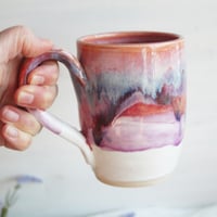 Image 9 of Handcrafted Pottery Mug in Dripping Pink and Purple Glazes, Large 17 oz. Made in USA