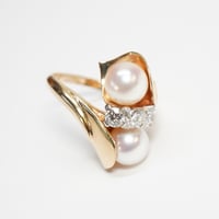 Image 1 of Mid Century 14k Yellow Gold, Pearl, and Diamond Bypass Ring