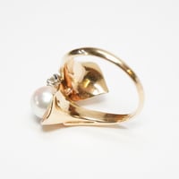 Image 4 of Mid Century 14k Yellow Gold, Pearl, and Diamond Bypass Ring