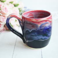 Image 1 of Pink, Red and Dark Blue and Black Pottery Mug, 14 Ounce Coffee Cup, Made in USA