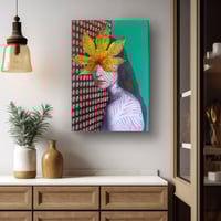 Image 2 of <h3>ARALIA 2 — Ritratto femminile surreale con foglia e sfondo geometrico</h1>