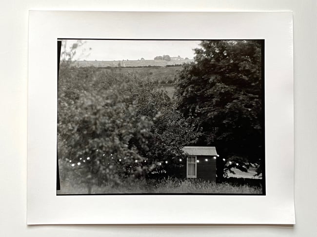 Fairy lights and shepherds hut.