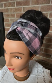 Image 1 of Cotton Flannel Twist Headband in Grey & Pink