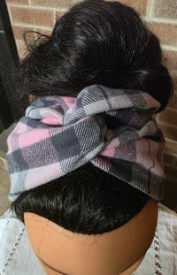 Image 2 of Cotton Flannel Twist Headband in Grey & Pink