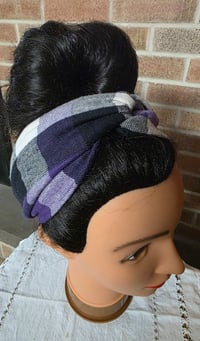 Image 2 of Cotton Flannel Twist Headband in Purple Plaid 