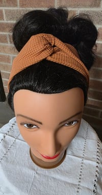 Image 2 of Organic Cotton Twist Headband in Praline Waffle Knit