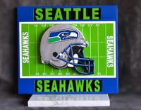 Image 1 of Seattle Seahawks Hand Crafted NFL 3D Wooden Team Helmet Wall Hanging Artwork. 