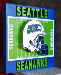 Image 3 of Seattle Seahawks Hand Crafted NFL 3D Wooden Team Helmet Wall Hanging Artwork. 