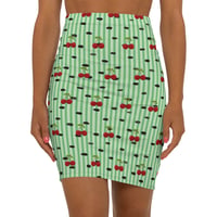 Image 1 of Cherry Stripe Pencil Skirt — Vintage Green Cherry Print