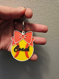 Image 1 of Personalized Softball Keychain with Bow | 3D Printed Name Tag