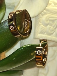 Image 1 of Designer Style Rose Gold Screw Motif Hoop Earrings 