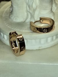 Image 2 of Designer Style Rose Gold Screw Motif Hoop Earrings 