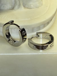 Image 1 of Designer Style Screw Motif Hoop Silver Earrings