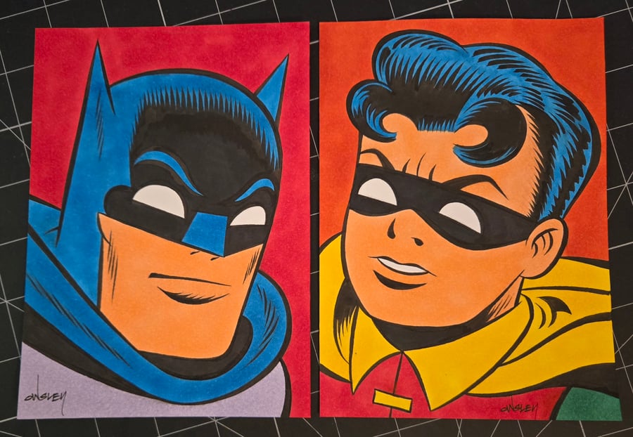 Image of BATMAN & ROBIN 2-piece ORIGINAL ART SET! 5x7 each! DICK SPRANG STYLE!