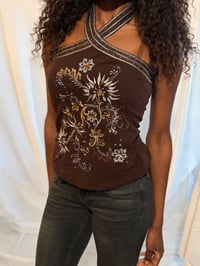 Image 1 of Vintage 90s / Y2K brown embroidered and embellished halter neck top size UK size 10