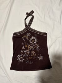 Image 2 of Vintage 90s / Y2K brown embroidered and embellished halter neck top size UK size 10