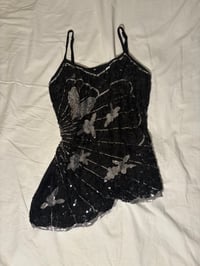 Image 3 of Y2K black and silver sequin butterfly cami, asymmetrical hem size UK 8 - 10 