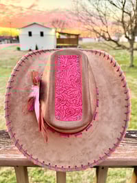 Image 2 of "Sunset on the Ranch" Burned Cowboy Hat, Whipstitched Suede Hat, Pink Leather Stitched Hat