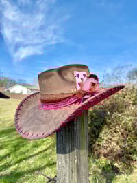 Image 4 of "Sunset on the Ranch" Burned Cowboy Hat, Whipstitched Suede Hat, Pink Leather Stitched Hat