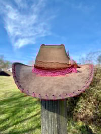 Image 5 of "Sunset on the Ranch" Burned Cowboy Hat, Whipstitched Suede Hat, Pink Leather Stitched Hat