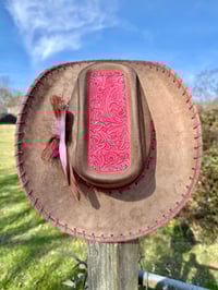 Image 6 of "Sunset on the Ranch" Burned Cowboy Hat, Whipstitched Suede Hat, Pink Leather Stitched Hat