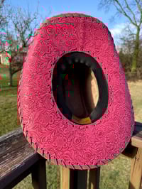 Image 3 of "Sunset on the Ranch" Burned Cowboy Hat, Whipstitched Suede Hat, Pink Leather Stitched Hat