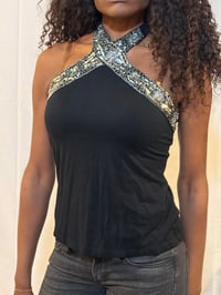 Image 1 of Vintage black halter neck silver cami top, Size UK 14