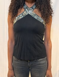 Image 2 of Vintage black halter neck silver cami top, Size UK 14
