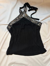 Image 3 of Vintage black halter neck silver cami top, Size UK 14