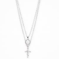 Stone Cross Amulet Necklace Set - Silver-Tone