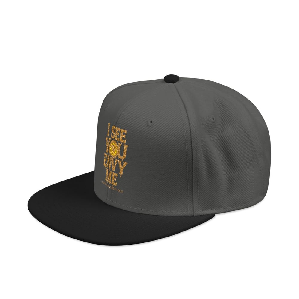 Image of Embroidered Snapback Hat — Gold Foil 'I See You' Vertical Accent