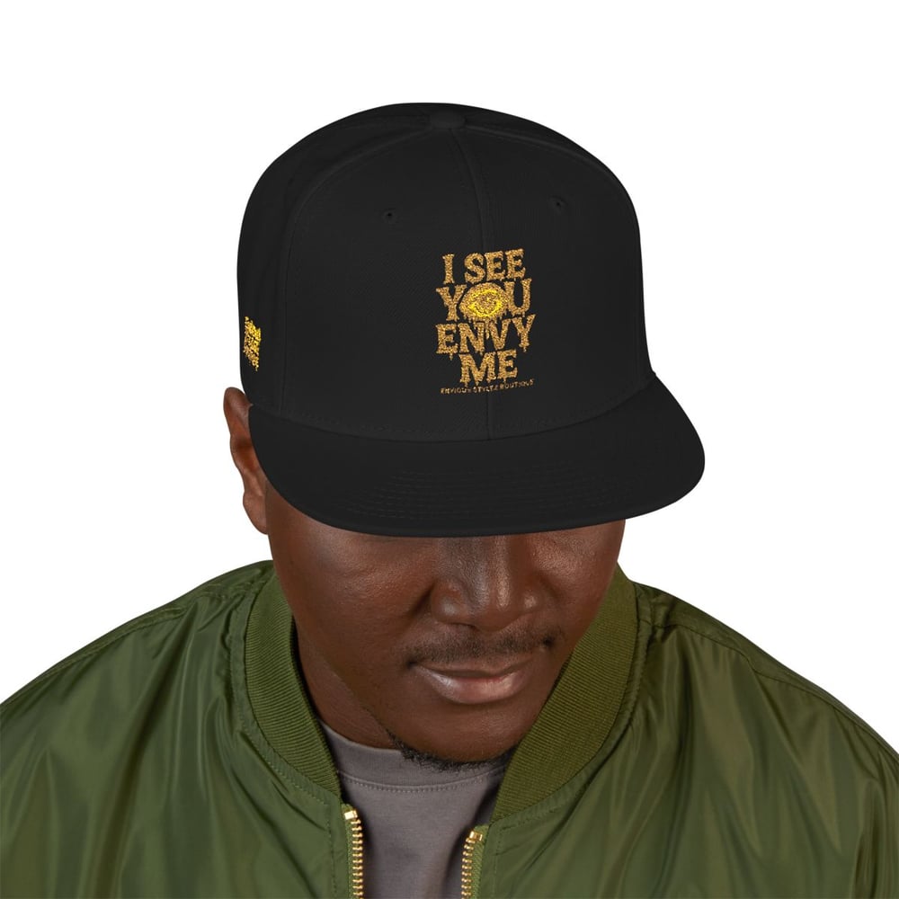Image of Embroidered Snapback Hat — Gold Foil 'I See You' Vertical Accent
