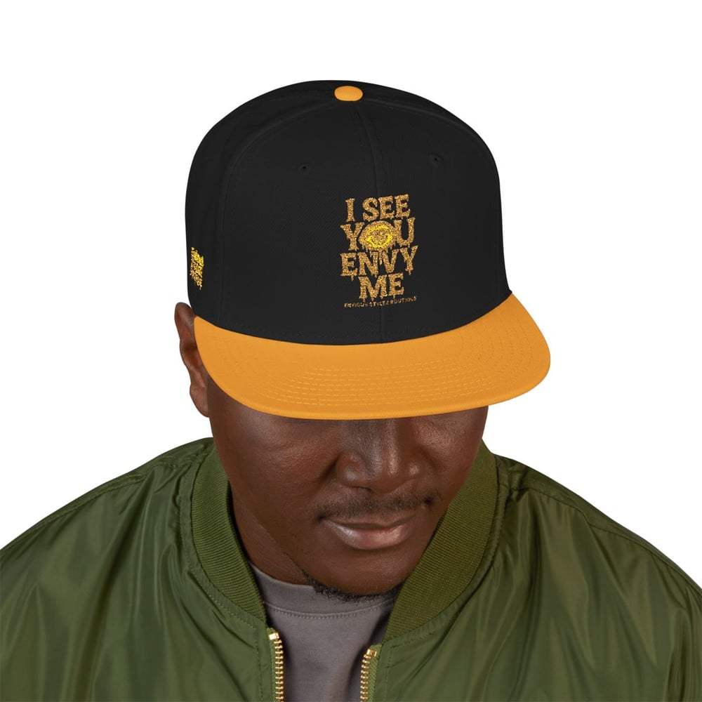 Image of Embroidered Snapback Hat — Gold Foil 'I See You' Vertical Accent