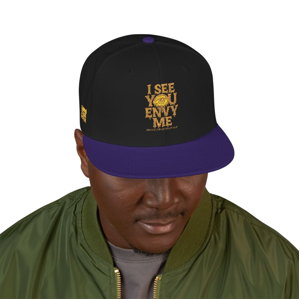 Image of Embroidered Snapback Hat — Gold Foil 'I See You' Vertical Accent