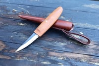 Image 18 of Slöyd Knife Wild Cherry Handle Wood Carving Puukko Style Leather Sheath 