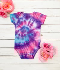 Image 1 of Baby Purple Pink and Blue Tie Dye Swirl Girls Baby Bodysuit Boho Baby Top 3M